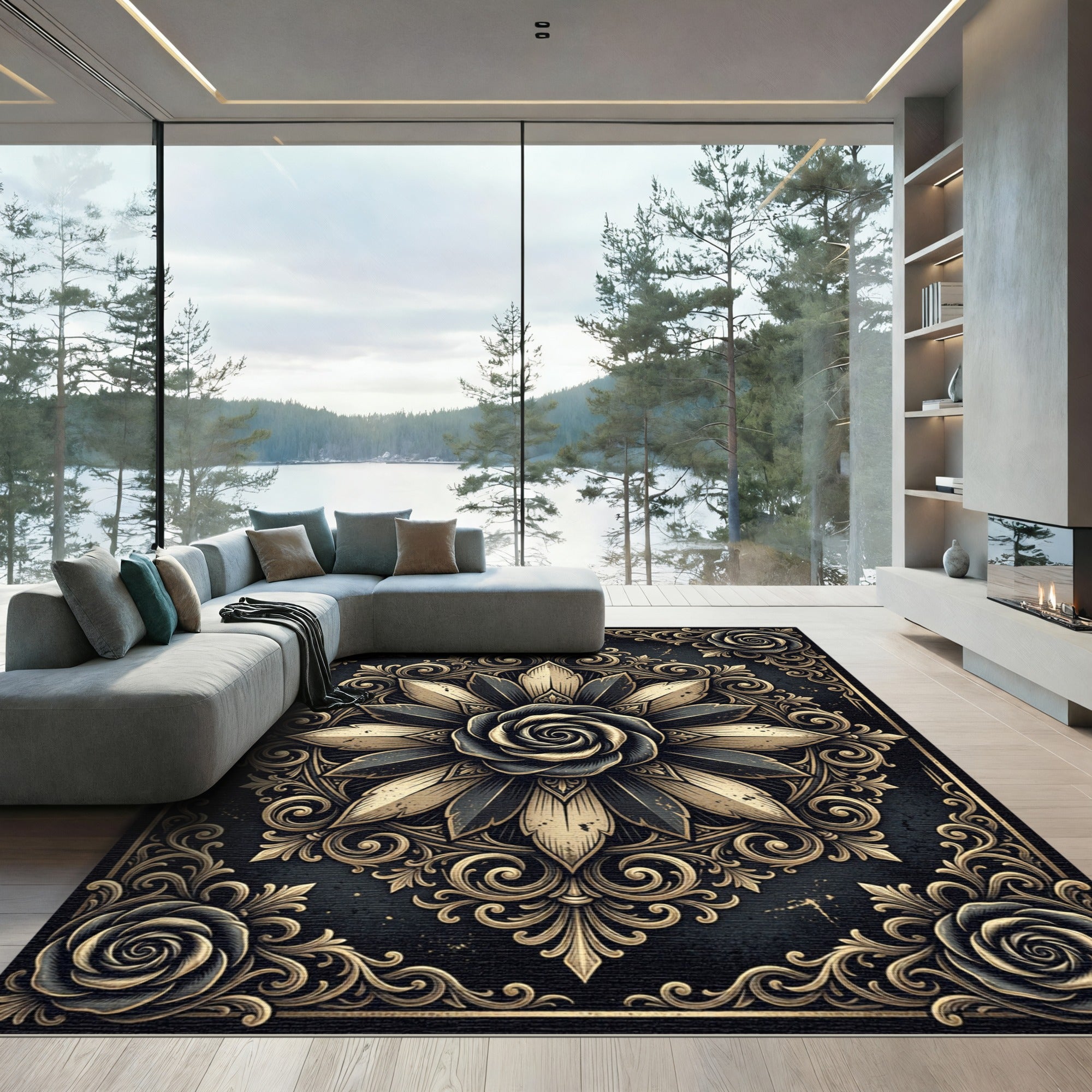Ornate Gold and Black Floral Medallion Rug