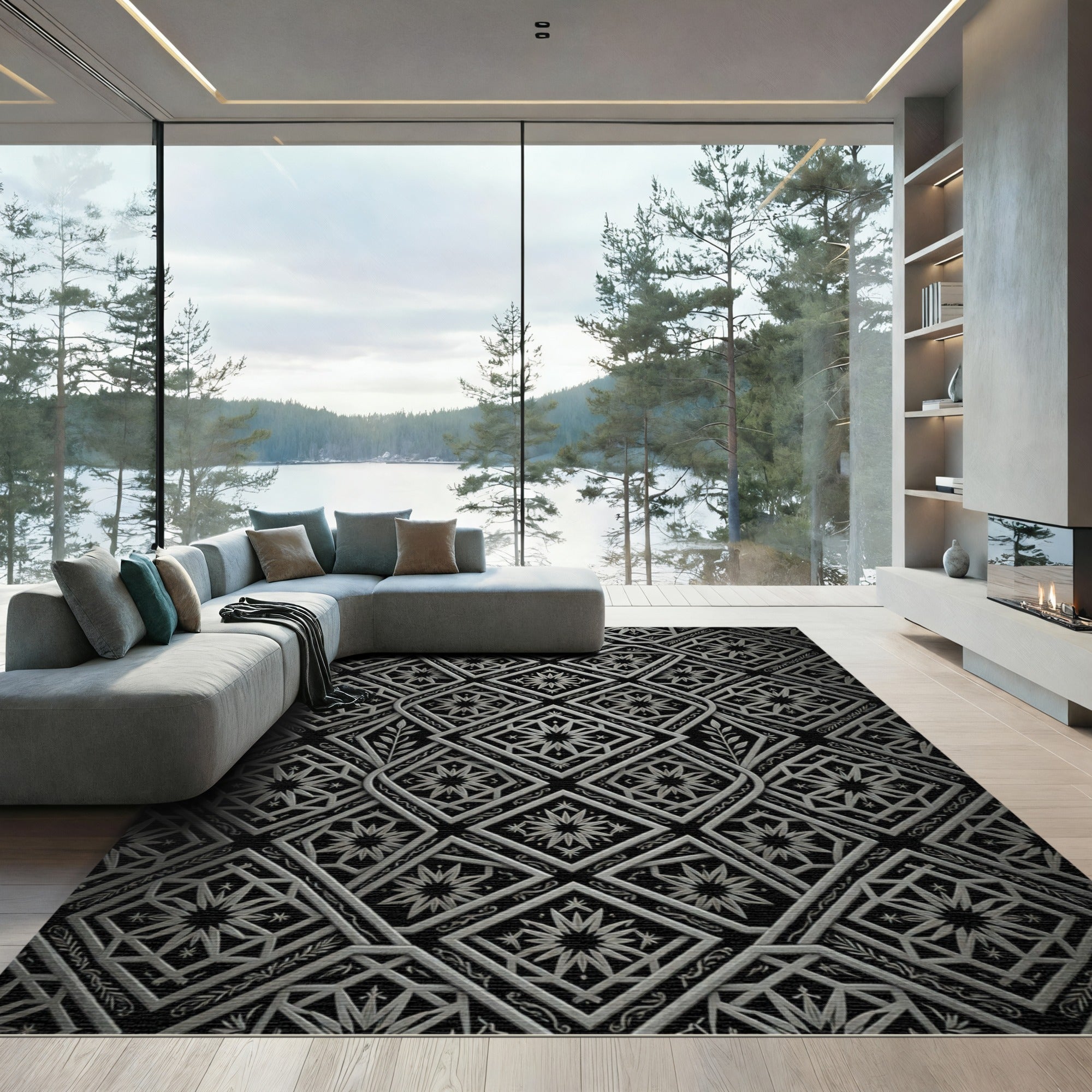 Monochrome Silver Geometric Star Trellis Rug