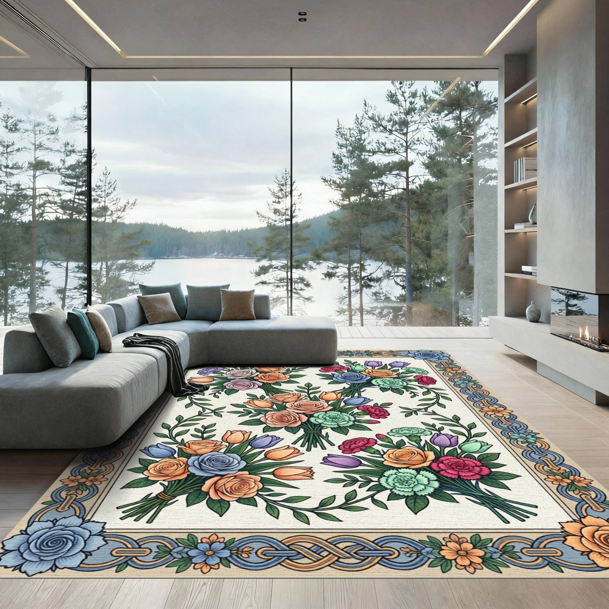 Floral Bouquet Intertwined Border Tapestry Rug