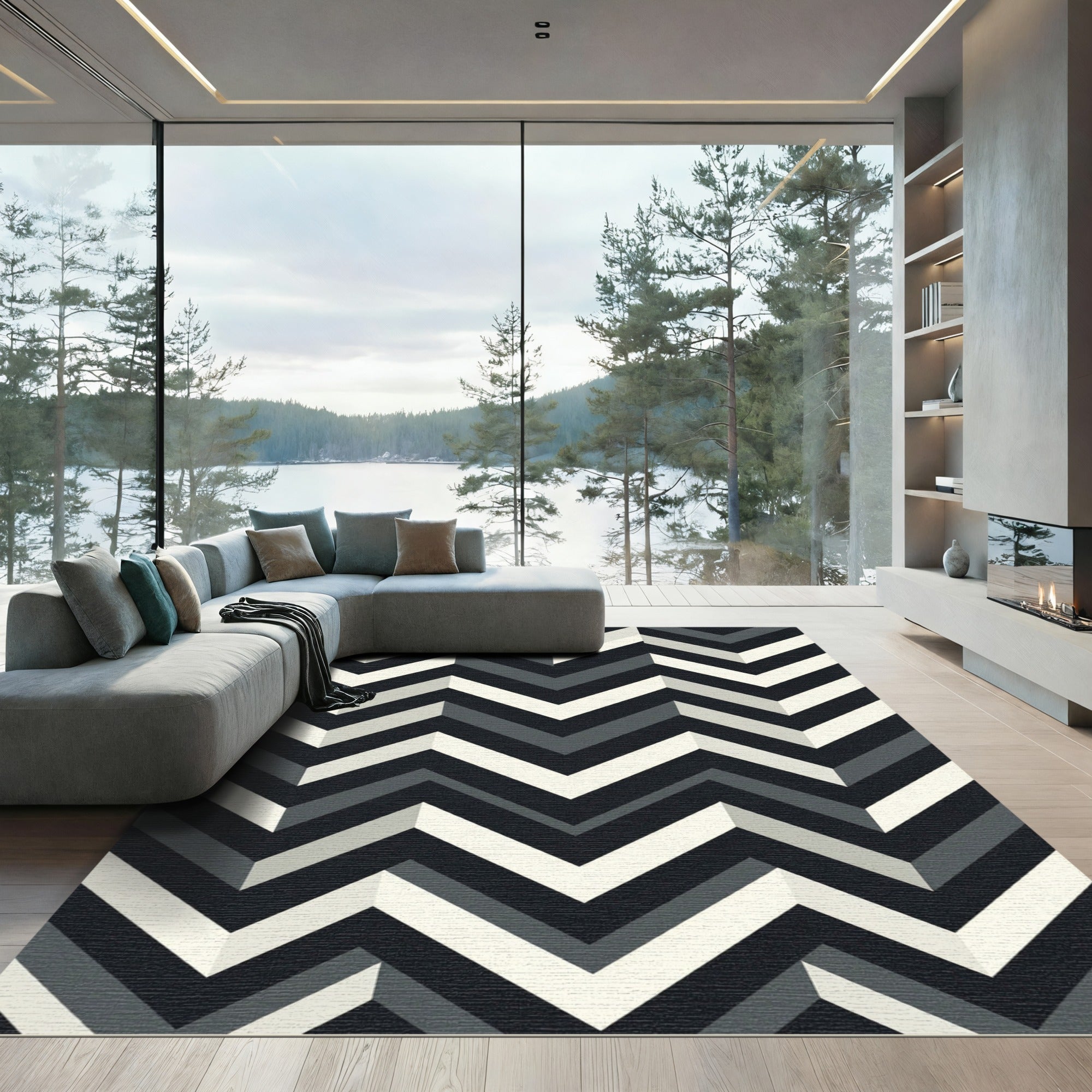 Monochrome Geometric Chevron Zigzag Art Rug