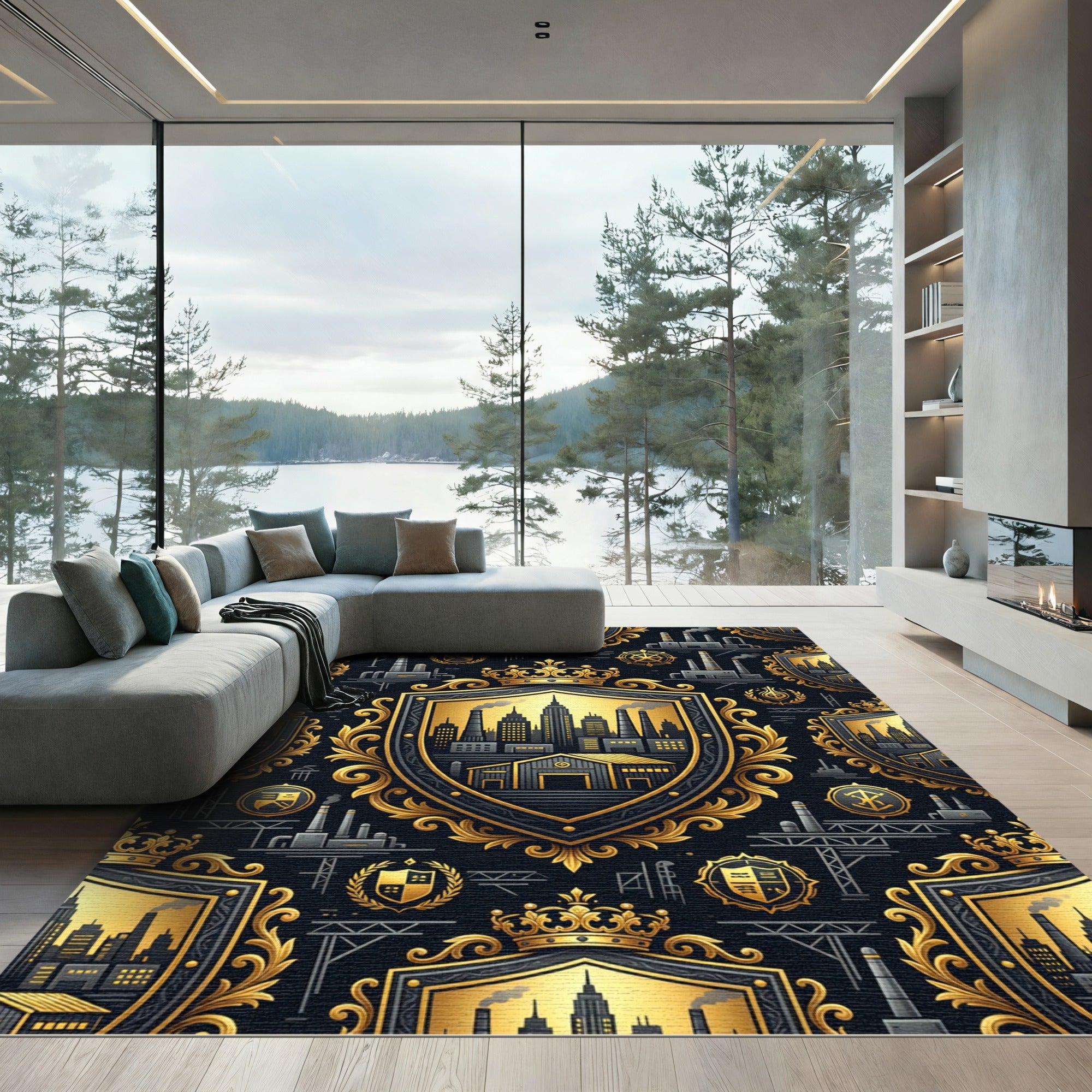 Golden Royal Industrial Emblem Navy Crest Rug