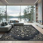 Elegant Charcoal Silver Crested Bird Tree Rug