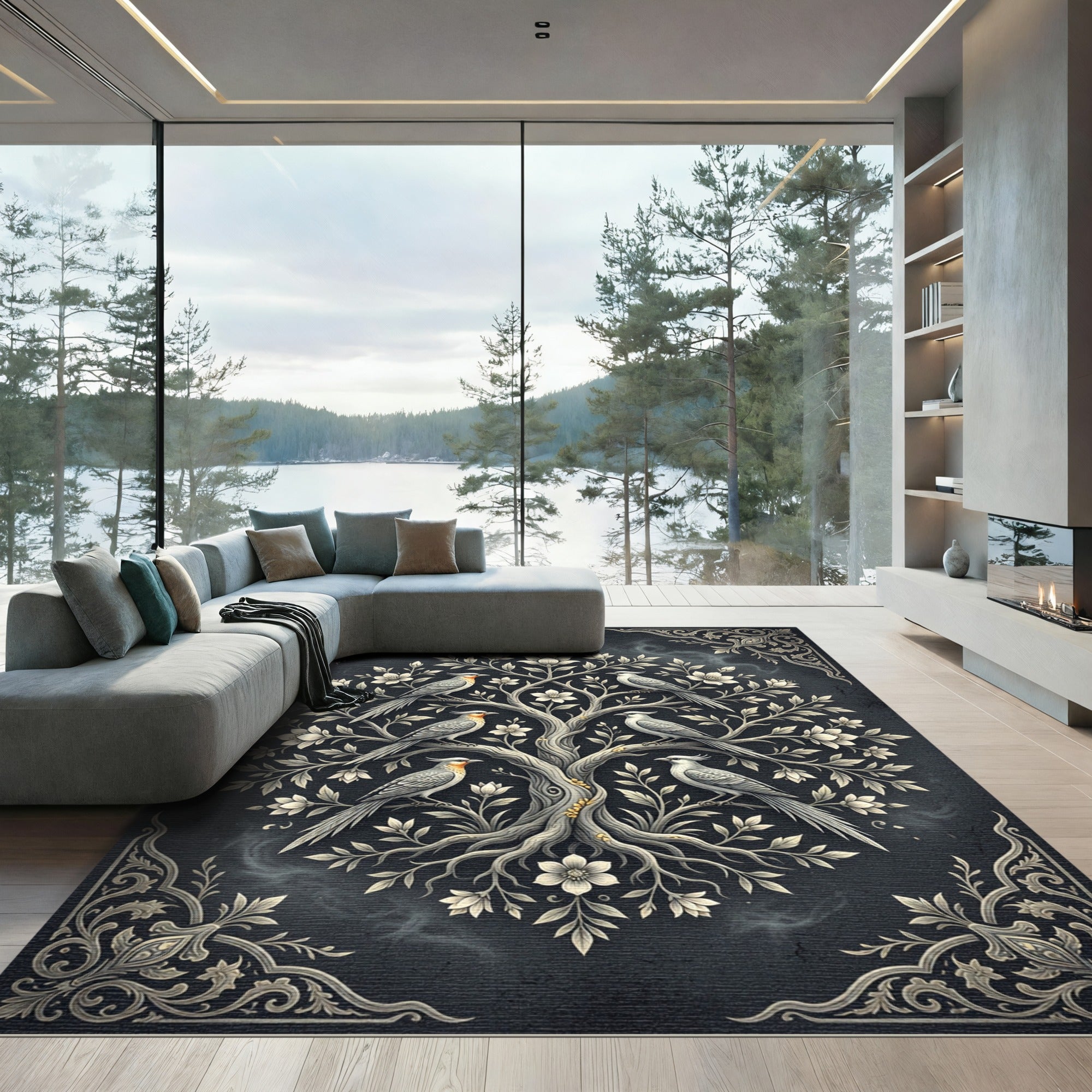 Elegant Charcoal Silver Crested Bird Tree Rug