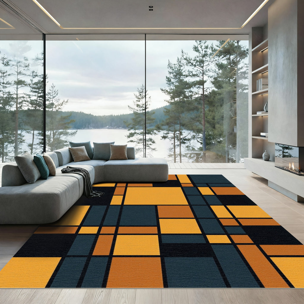Modern Geometric Grid in Black and Amber Rug