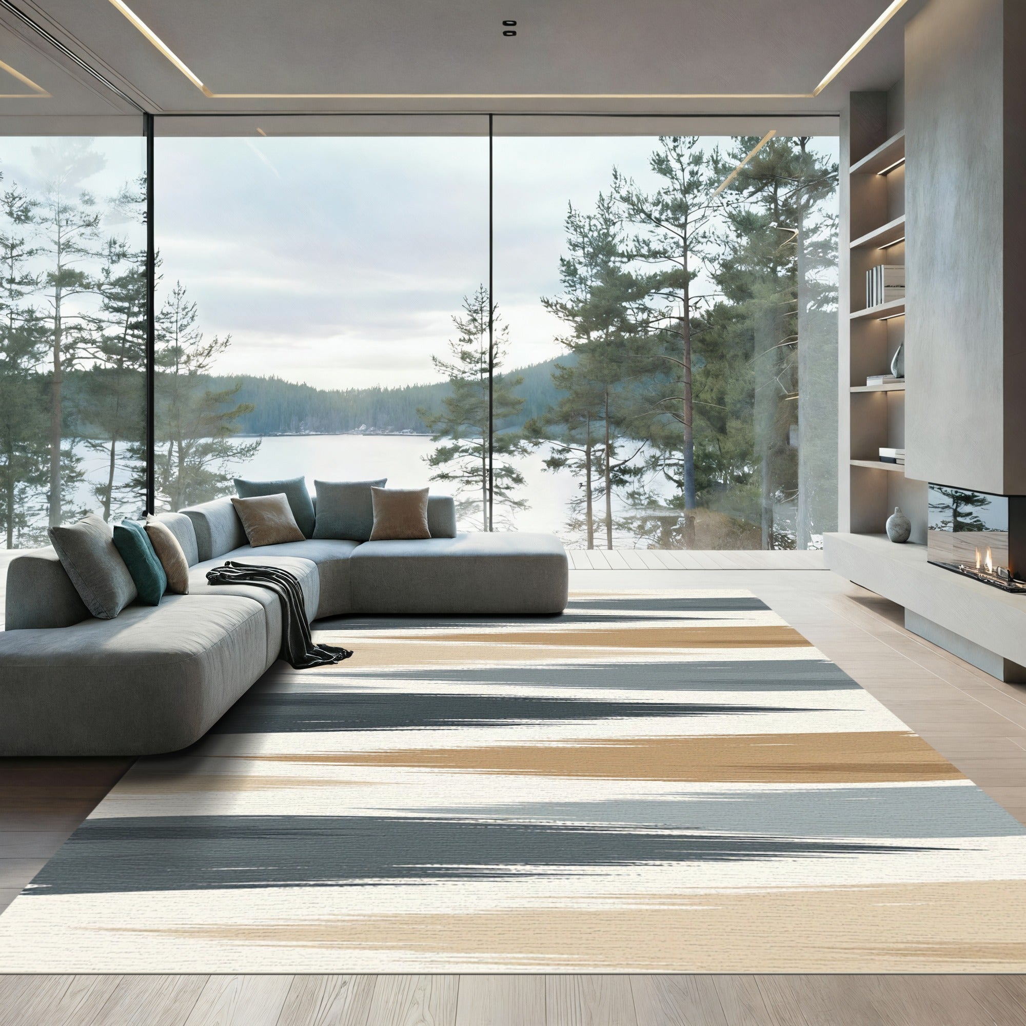 Modern Striped Abstract Earthy Blue Rug