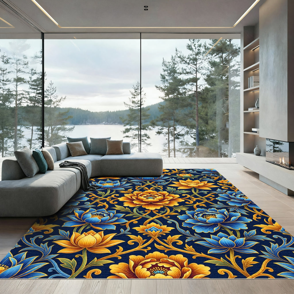 Ornate Gold and Blue Floral Damask Rug
