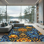 Ornate Gold and Blue Floral Damask Rug