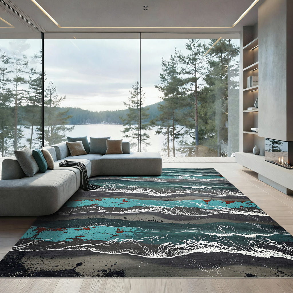 Deep Turquoise Wave Textured Landscape Rug
