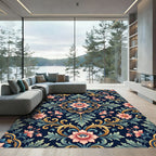 Ornate Navy Golden Floral Damask Art Rug