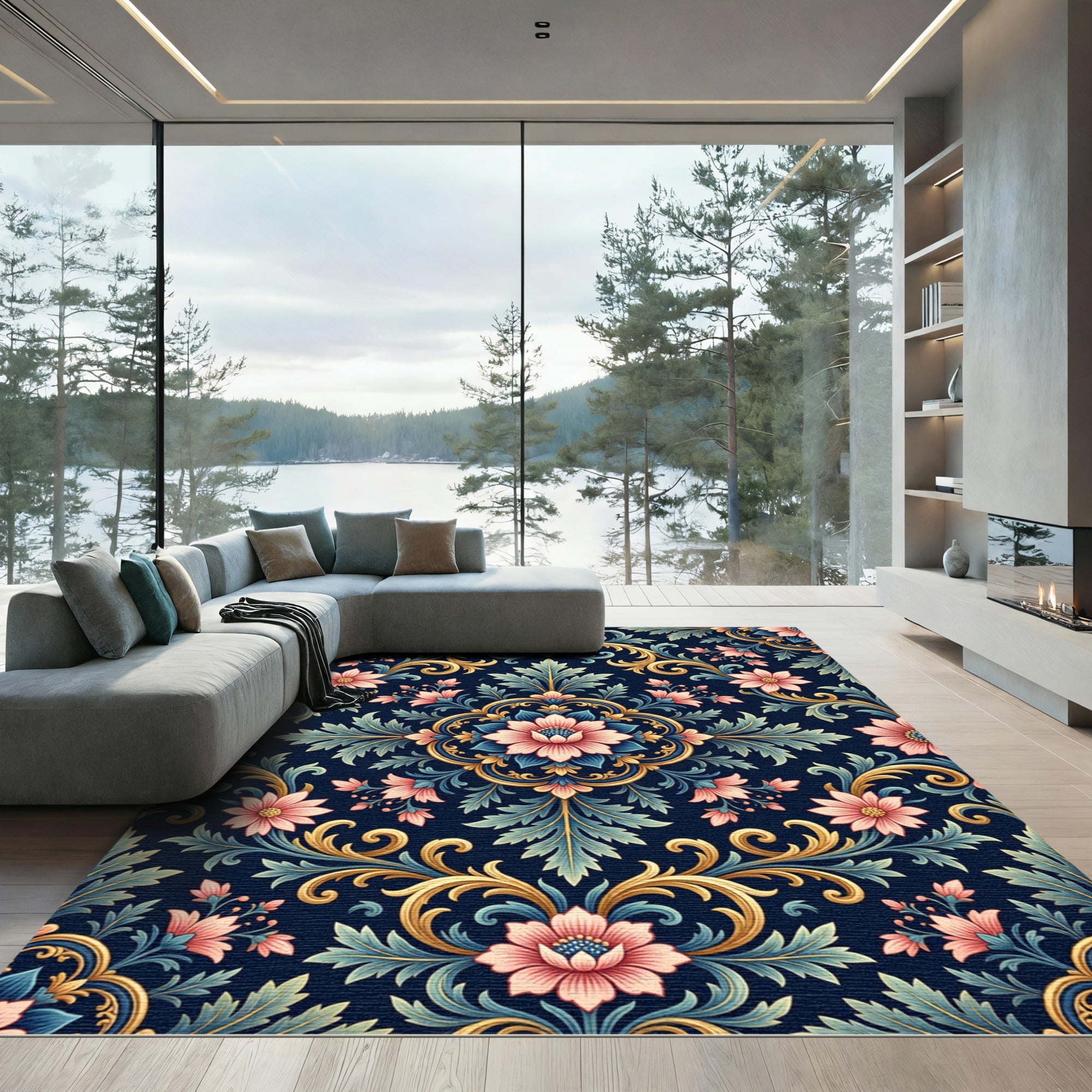 Ornate Navy Golden Floral Damask Art Rug