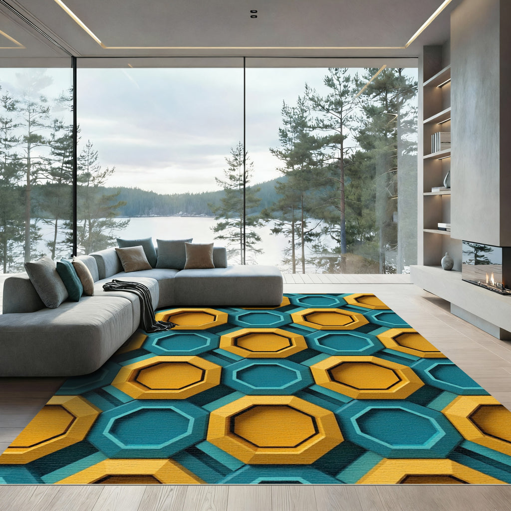 Modern Teal and Golden Octagonal Mosaic Rug