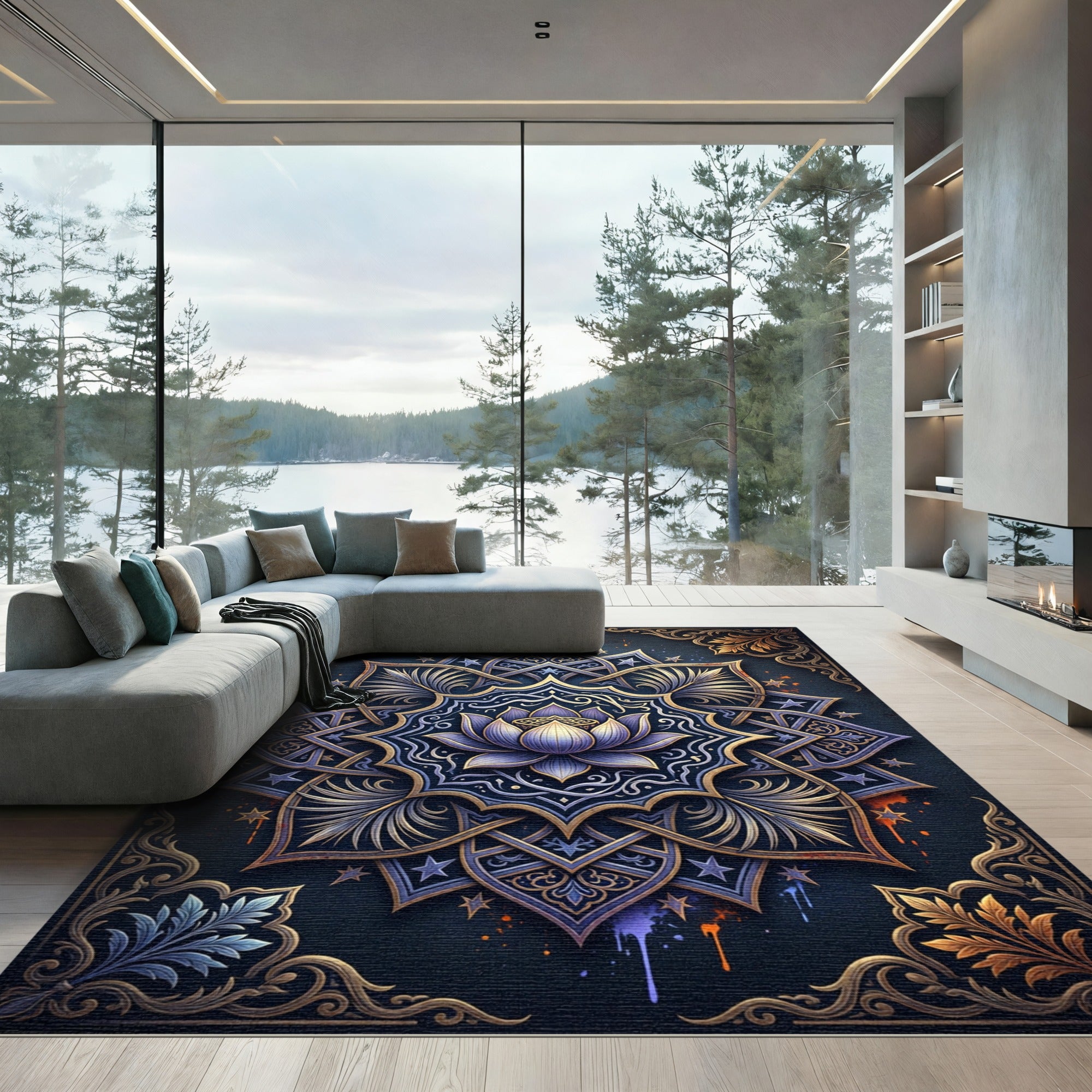 Ethereal Violet Lotus Celestial Mandala Rug