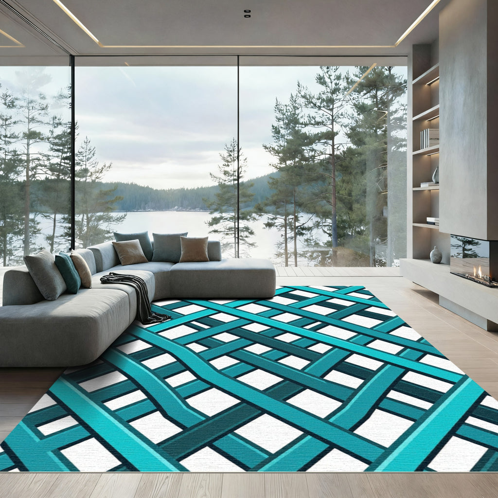 Cyan Linear Intersecting Lattice Grid Rug