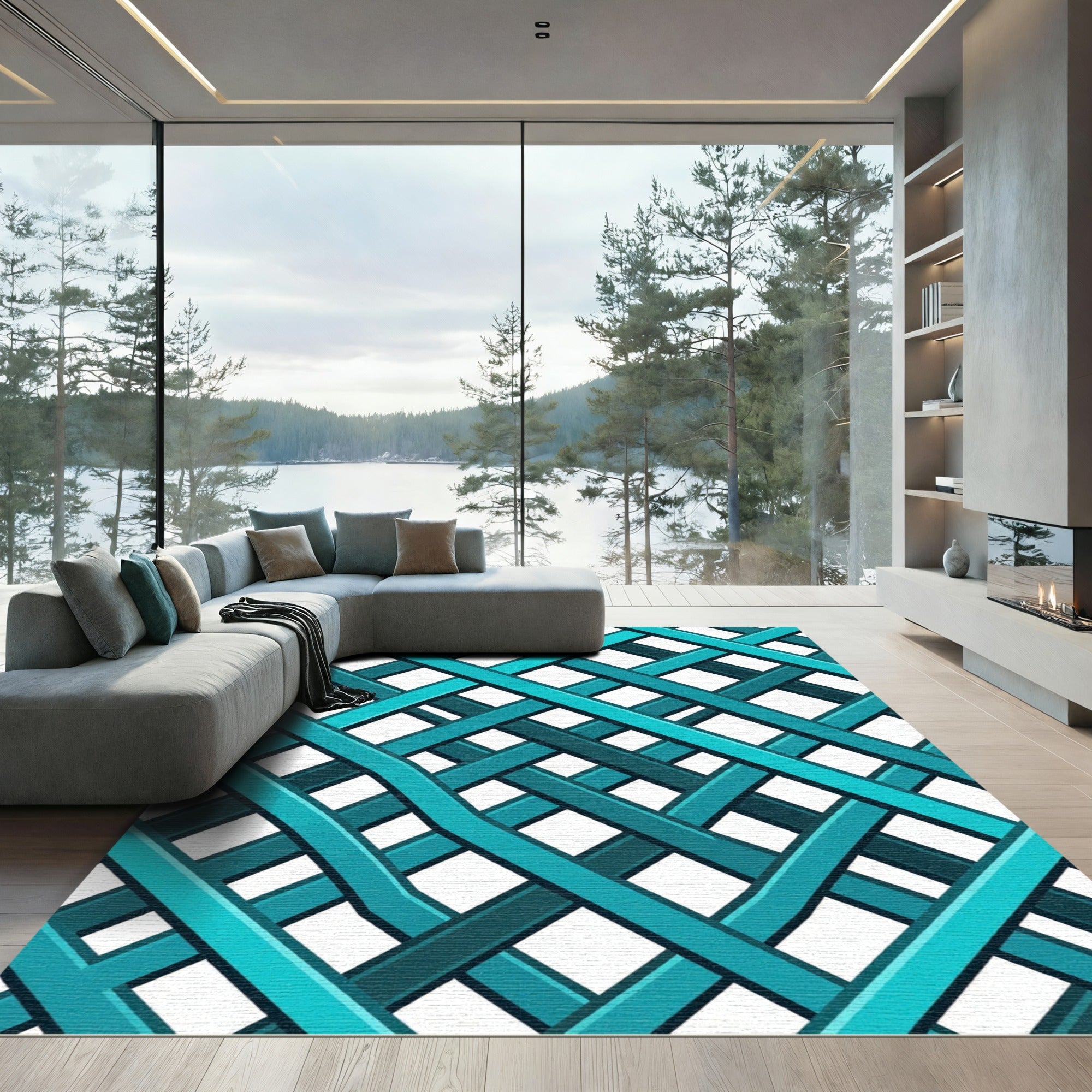 Cyan Linear Intersecting Lattice Grid Rug