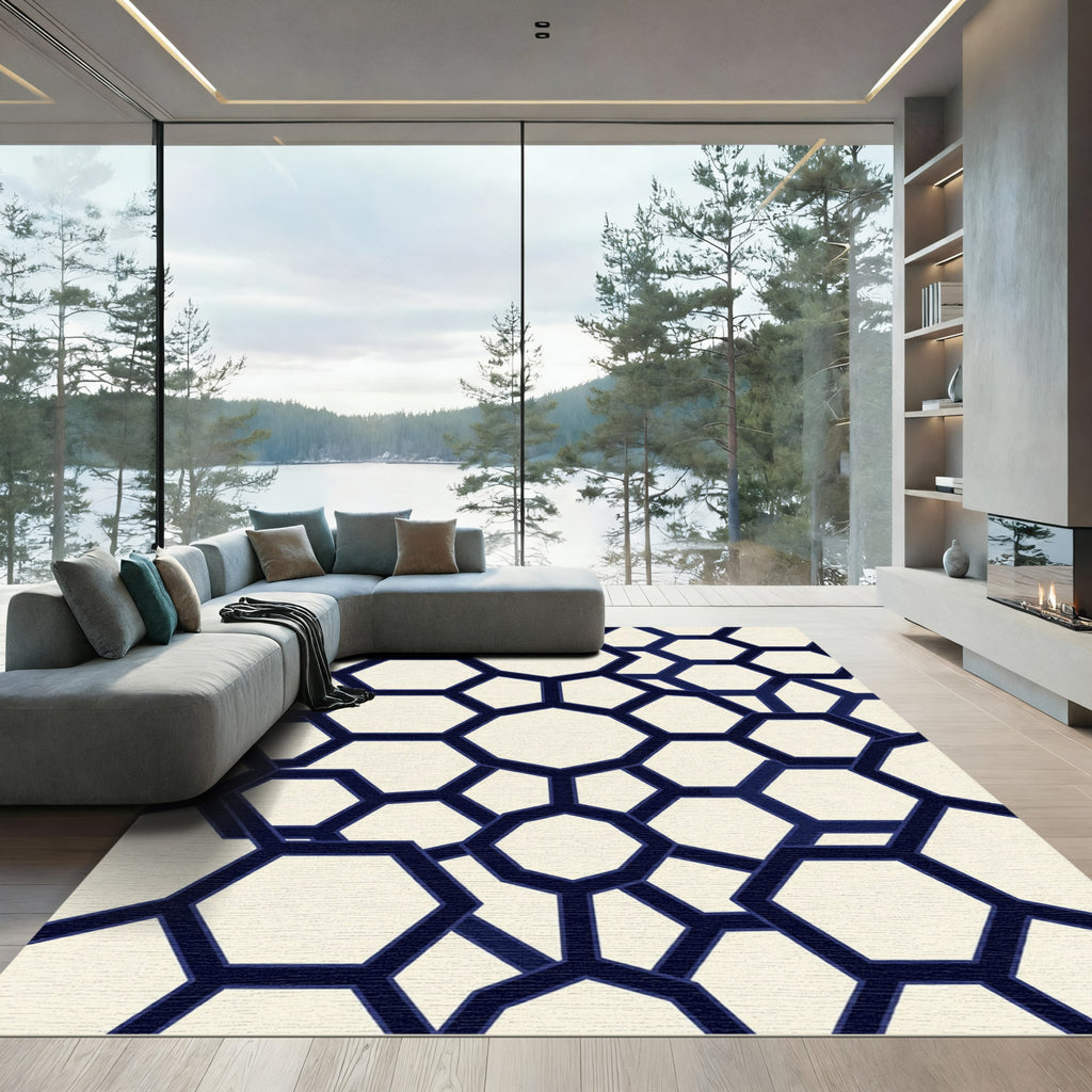 Navy Blue Geometric Hexagon Grid Rug