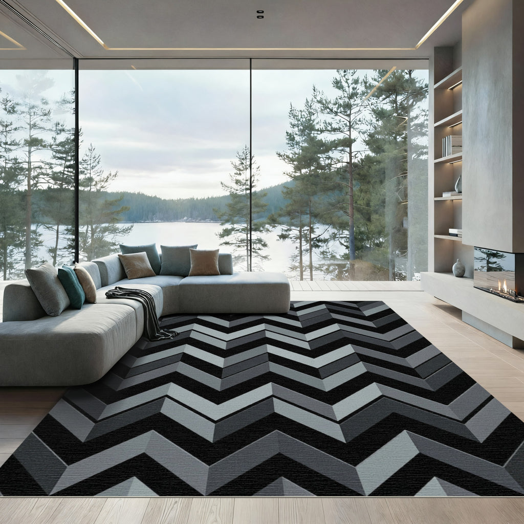 Modern Gray Chevron Geometric Block Rug