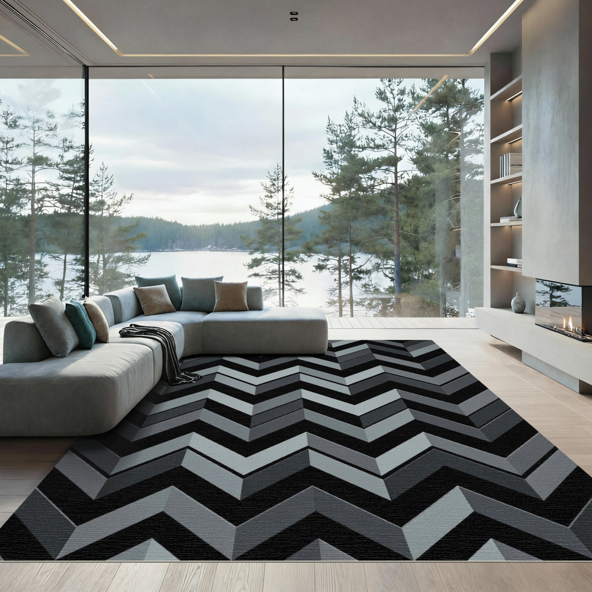 Modern Gray Chevron Geometric Block Rug