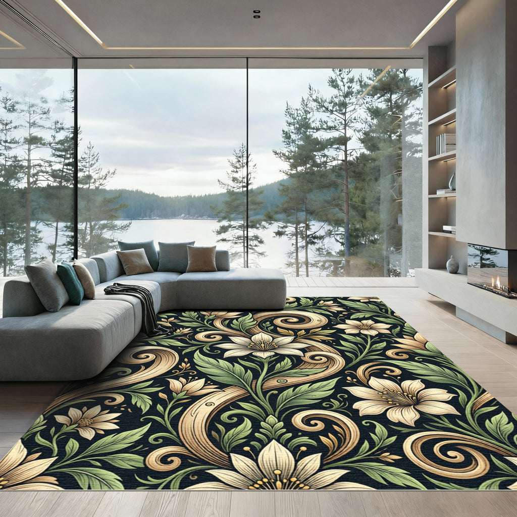 Elegant Ivory Floral Cream Swirl Art Rug