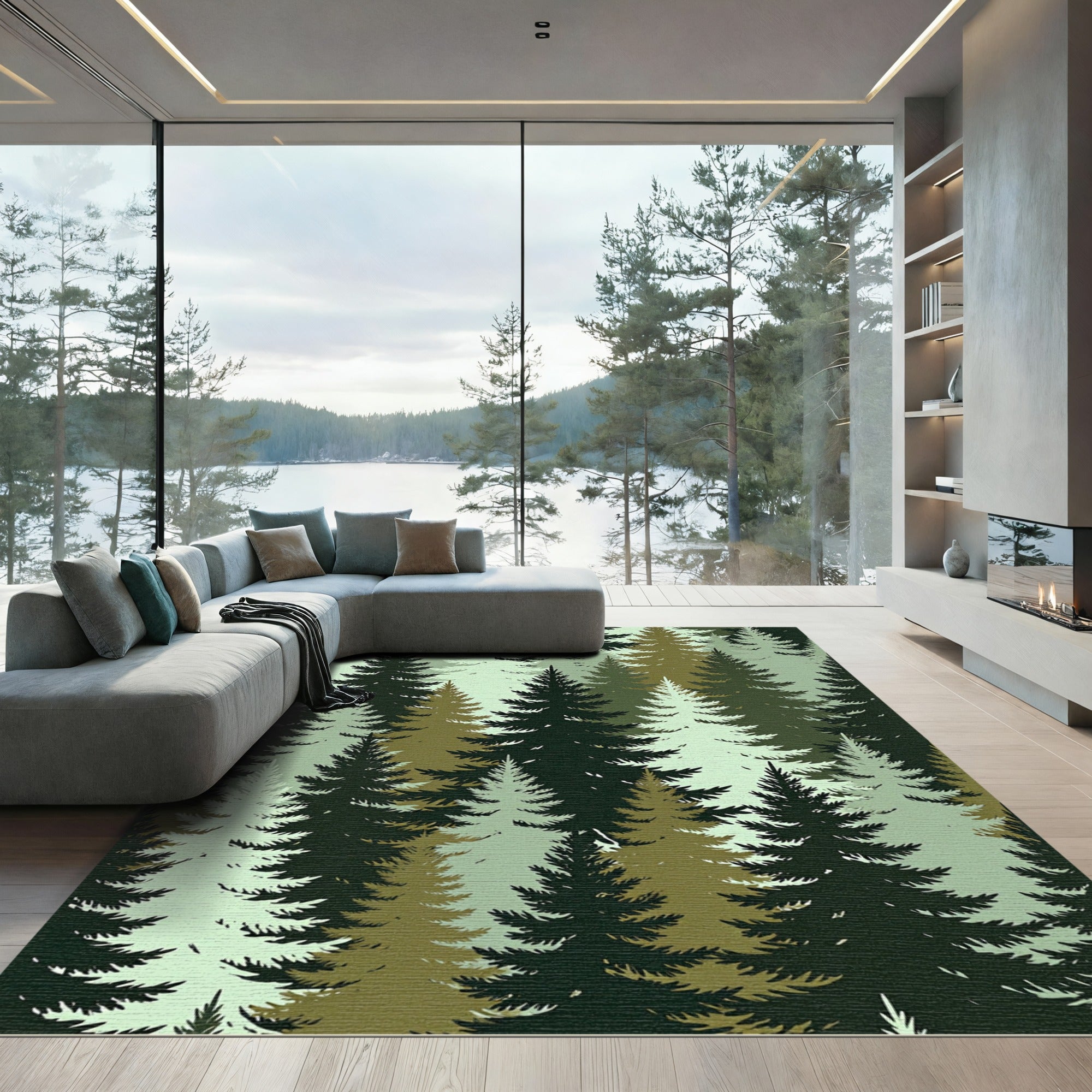 Forest Evergreen Pine Tree Silhouette Rug