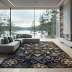 Elegant Gold and Charcoal Floral Mandala Rug