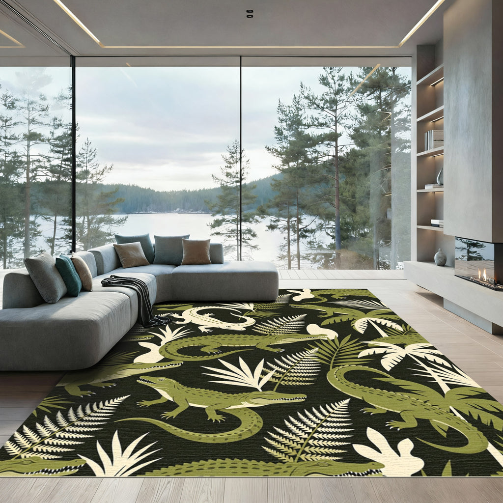 Lush Green Tropical Crocodile Foliage Rug