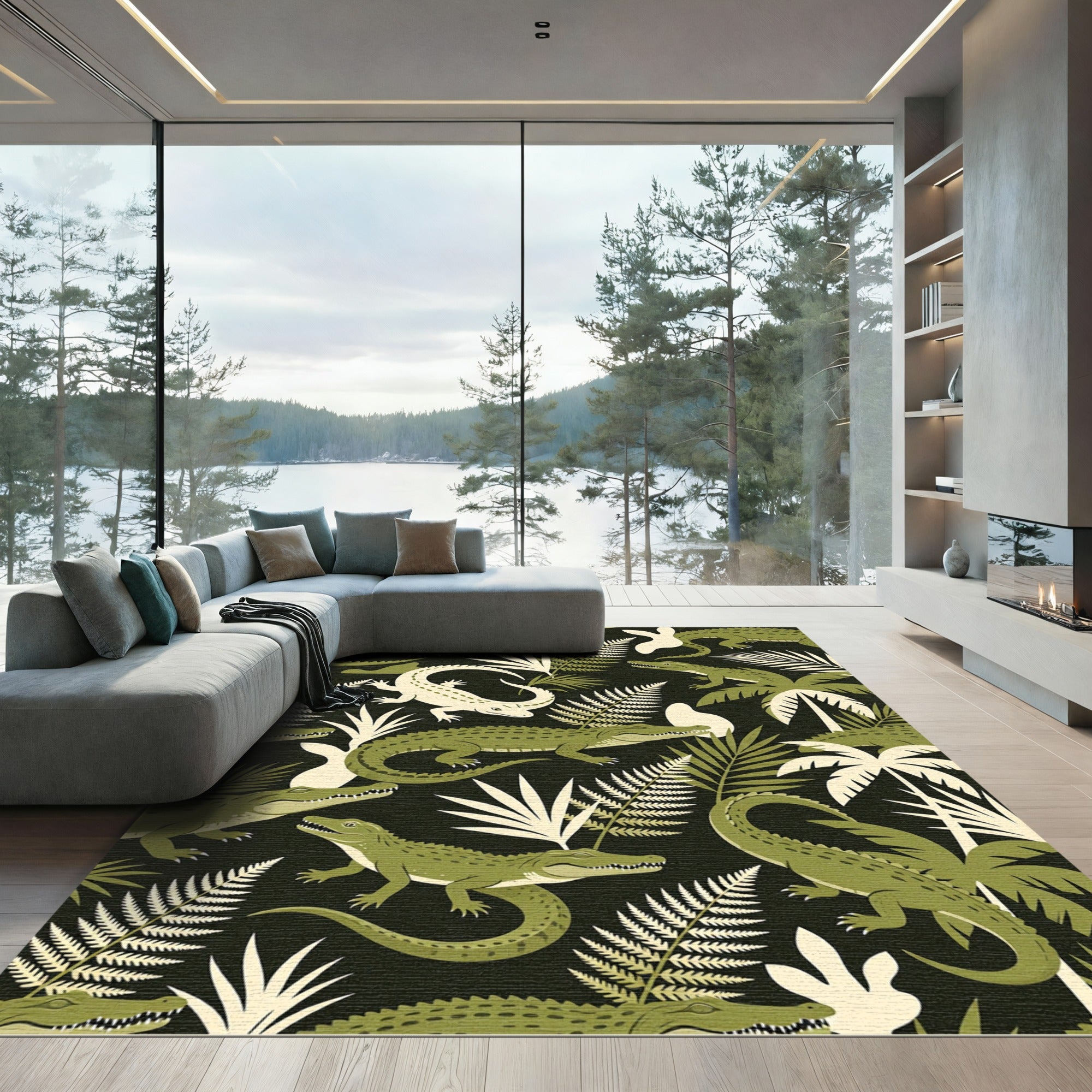 Lush Green Tropical Crocodile Foliage Rug