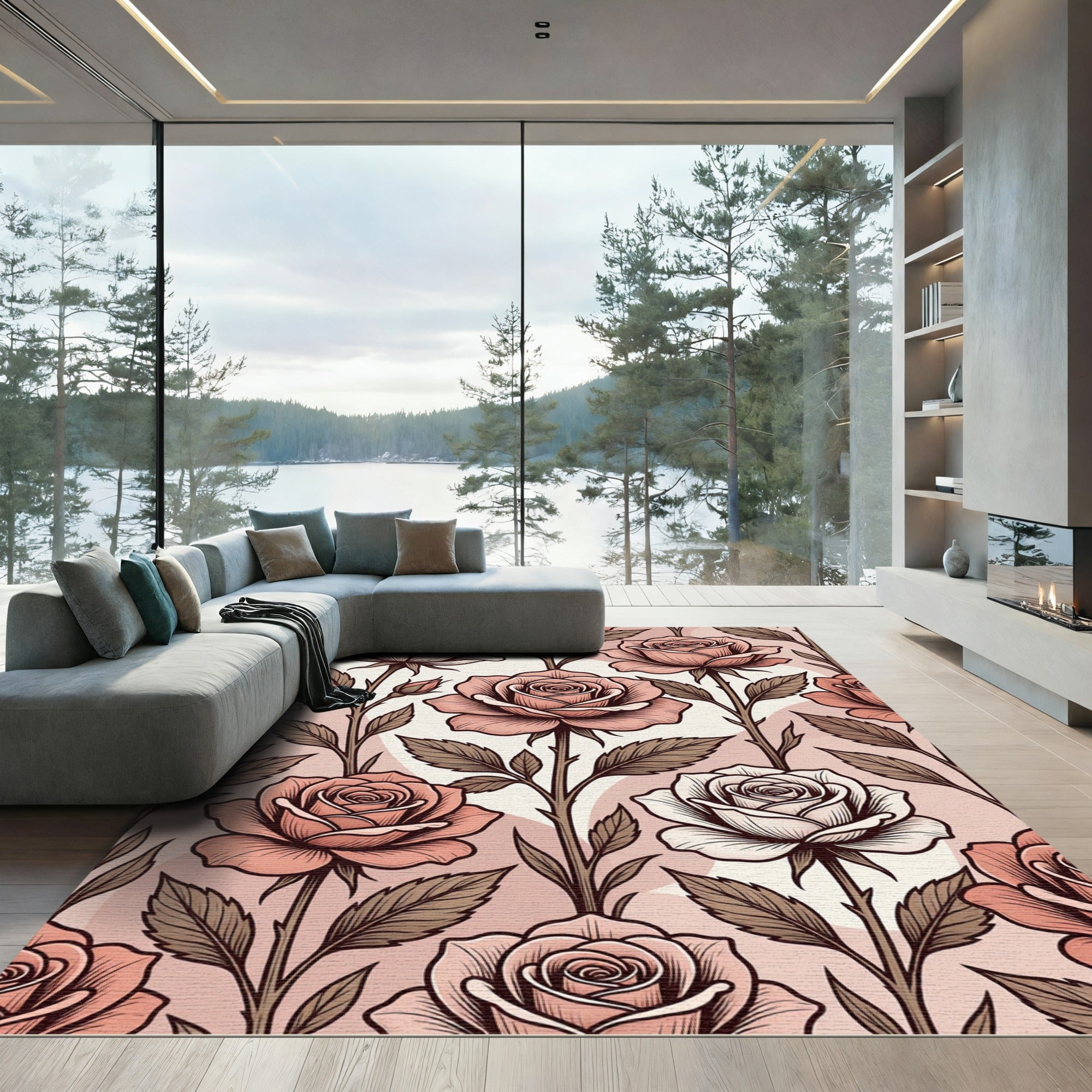 Blush Pink Rose Garden Floral Rug