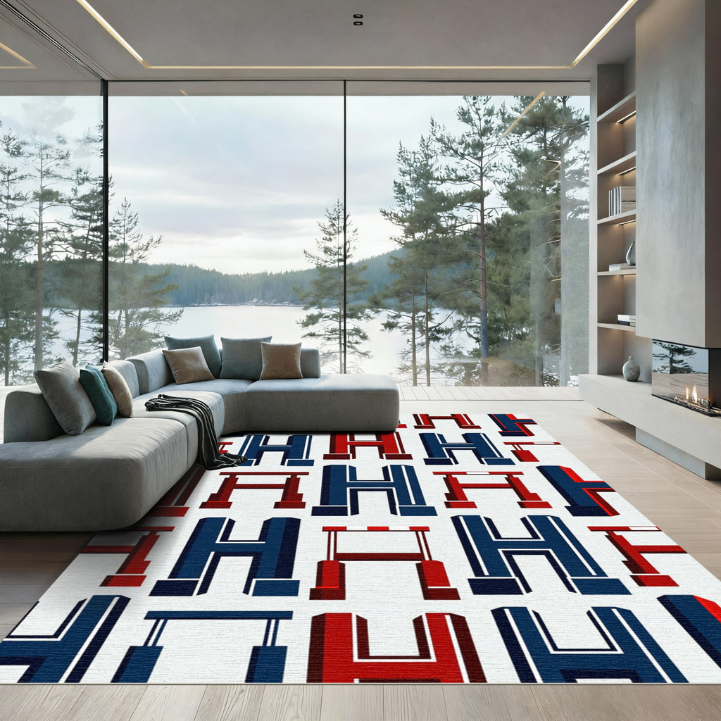 Geometric Navy and Crimson Letter H Rug