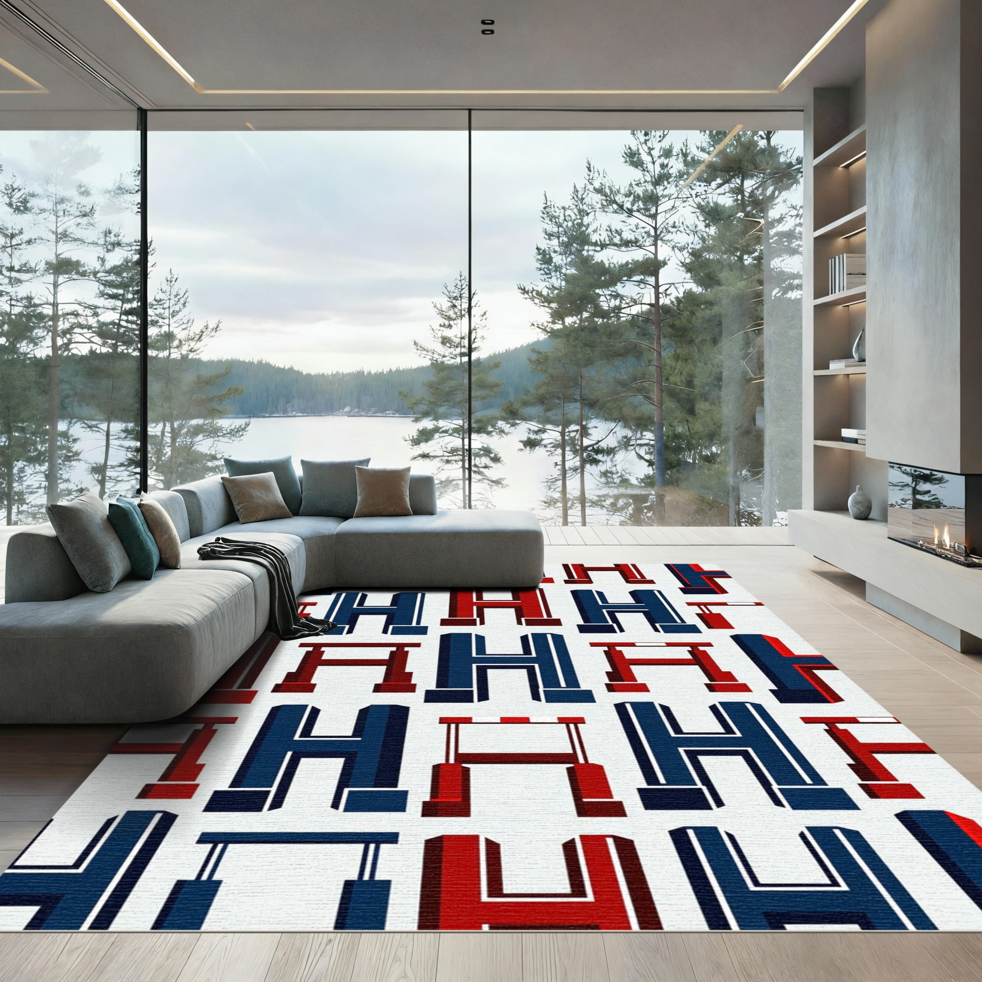 Geometric Navy and Crimson Letter H Rug