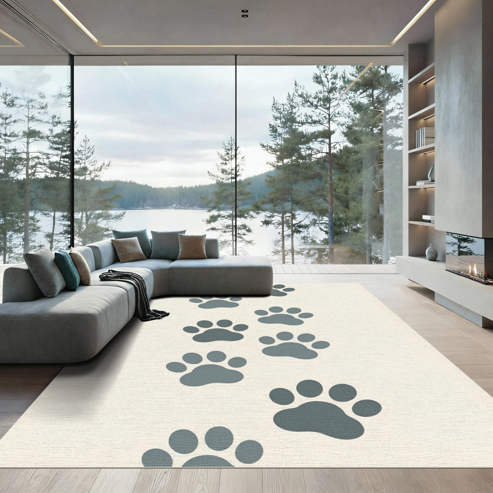 Minimalist Slate Gray Paw Footprint Rug