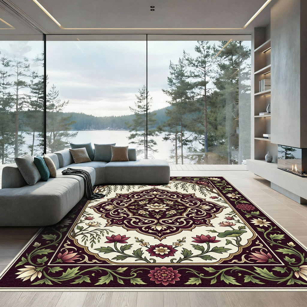 Elegant Cranberry Floral Lotus Medallion Rug