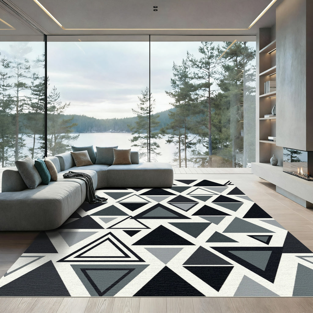 Black Gray Geometric Triangle Overlay Rug