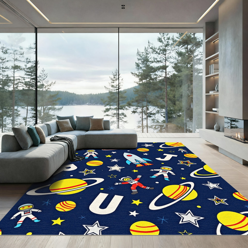 Cosmic Astronaut Rocket Planet Scene Rug