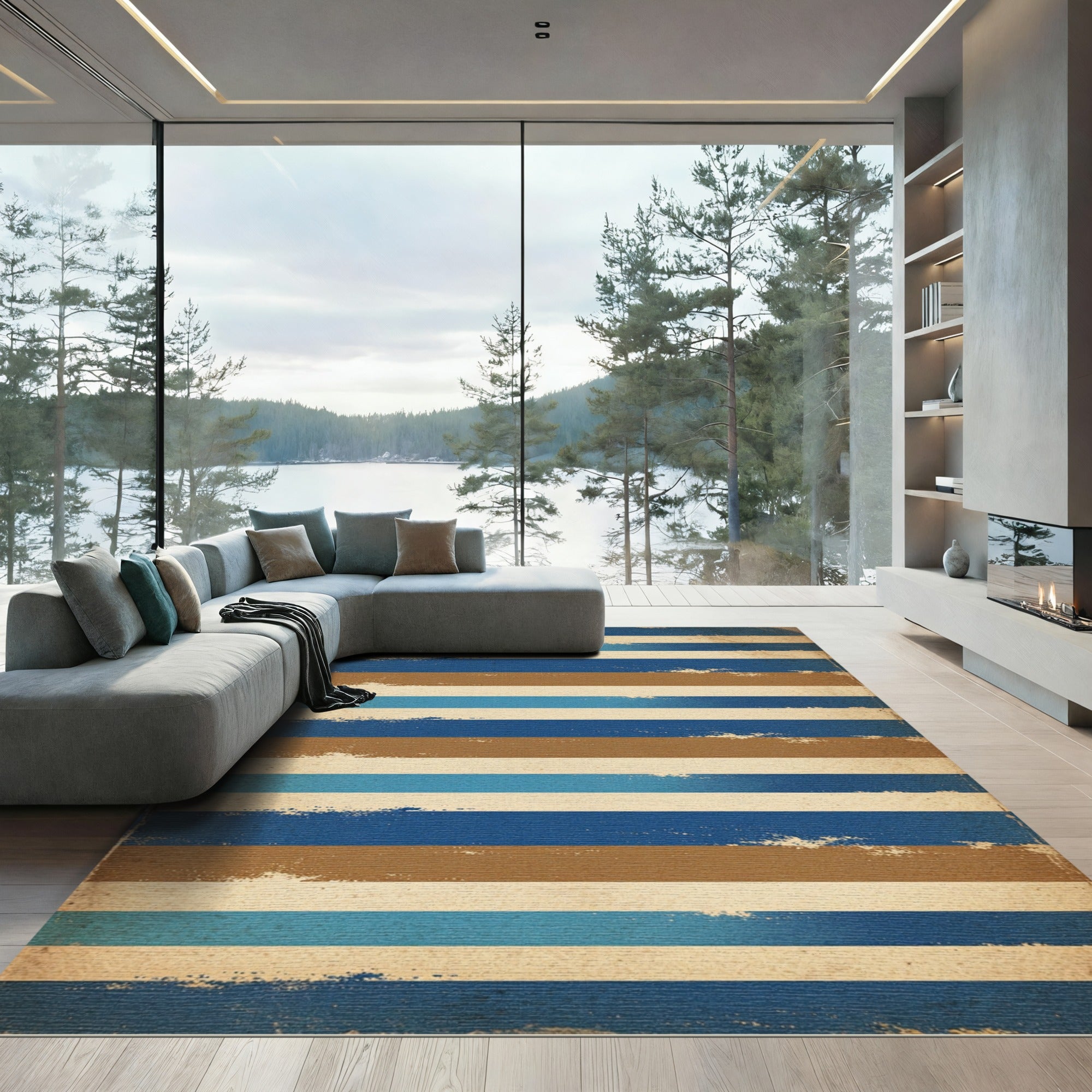 Distressed Blue Brown Stripe Rug
