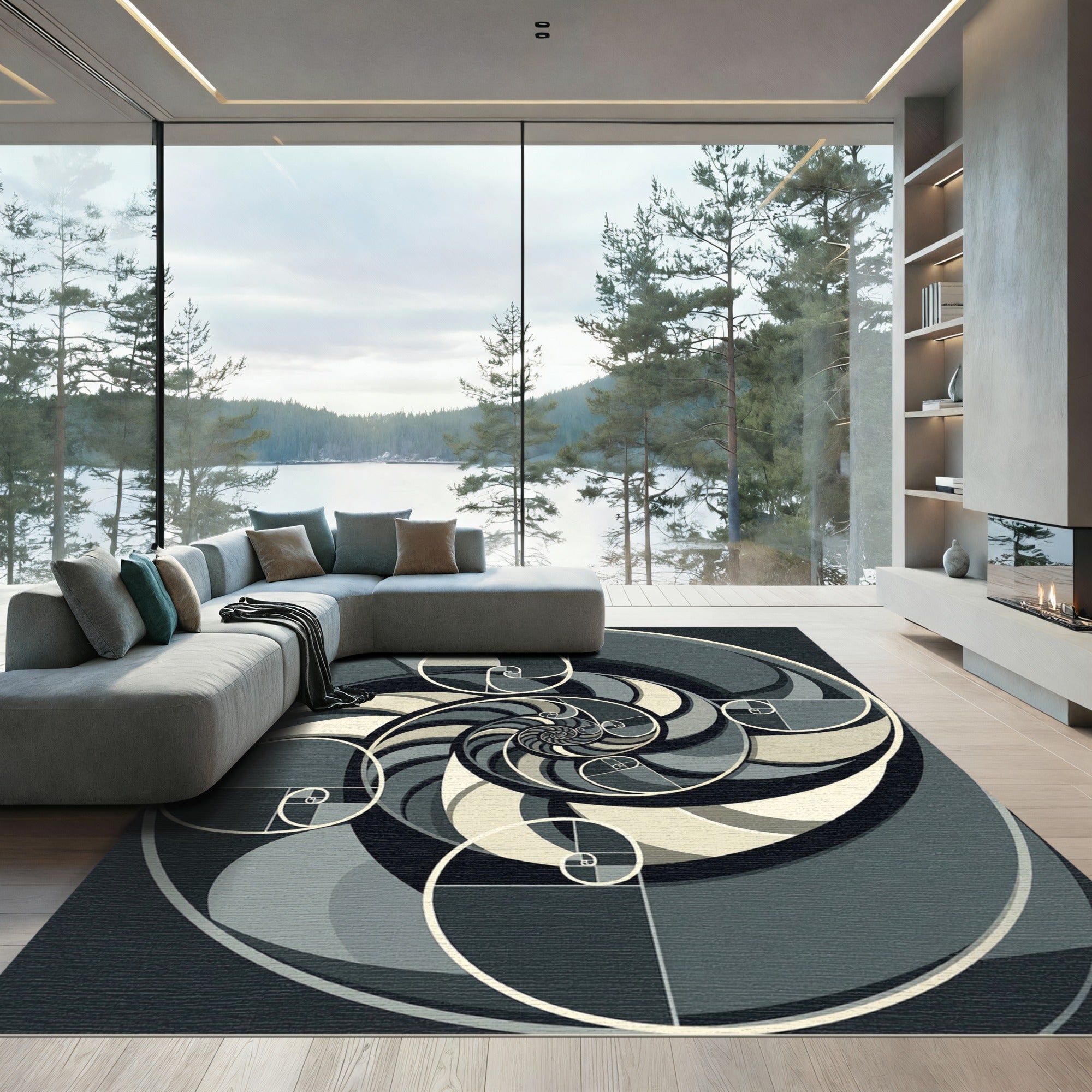 Monochromatic Golden Ratio Spiral Swirl Rug