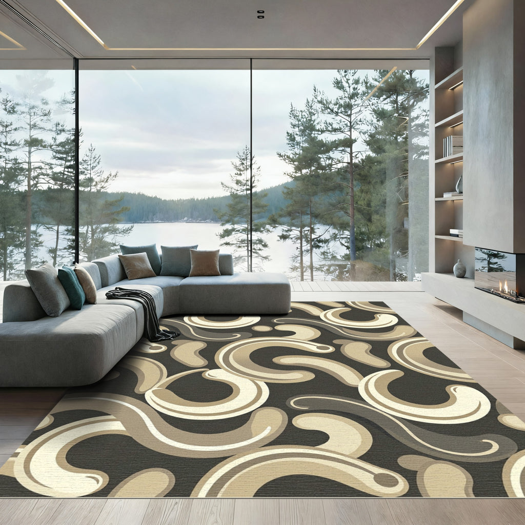 Taupe And Cream Swirl Mid Century Rug