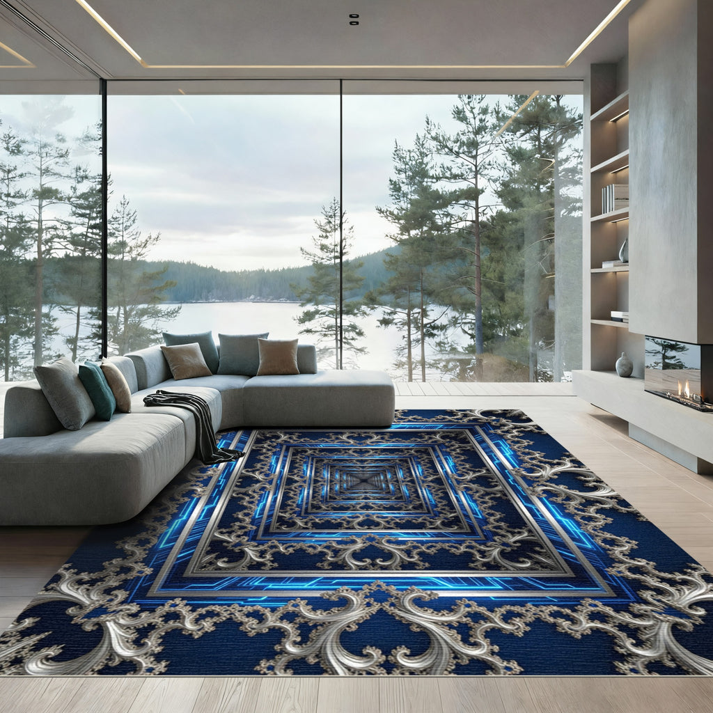 Neon Infinity Baroque Silver Blue Fractal Rug