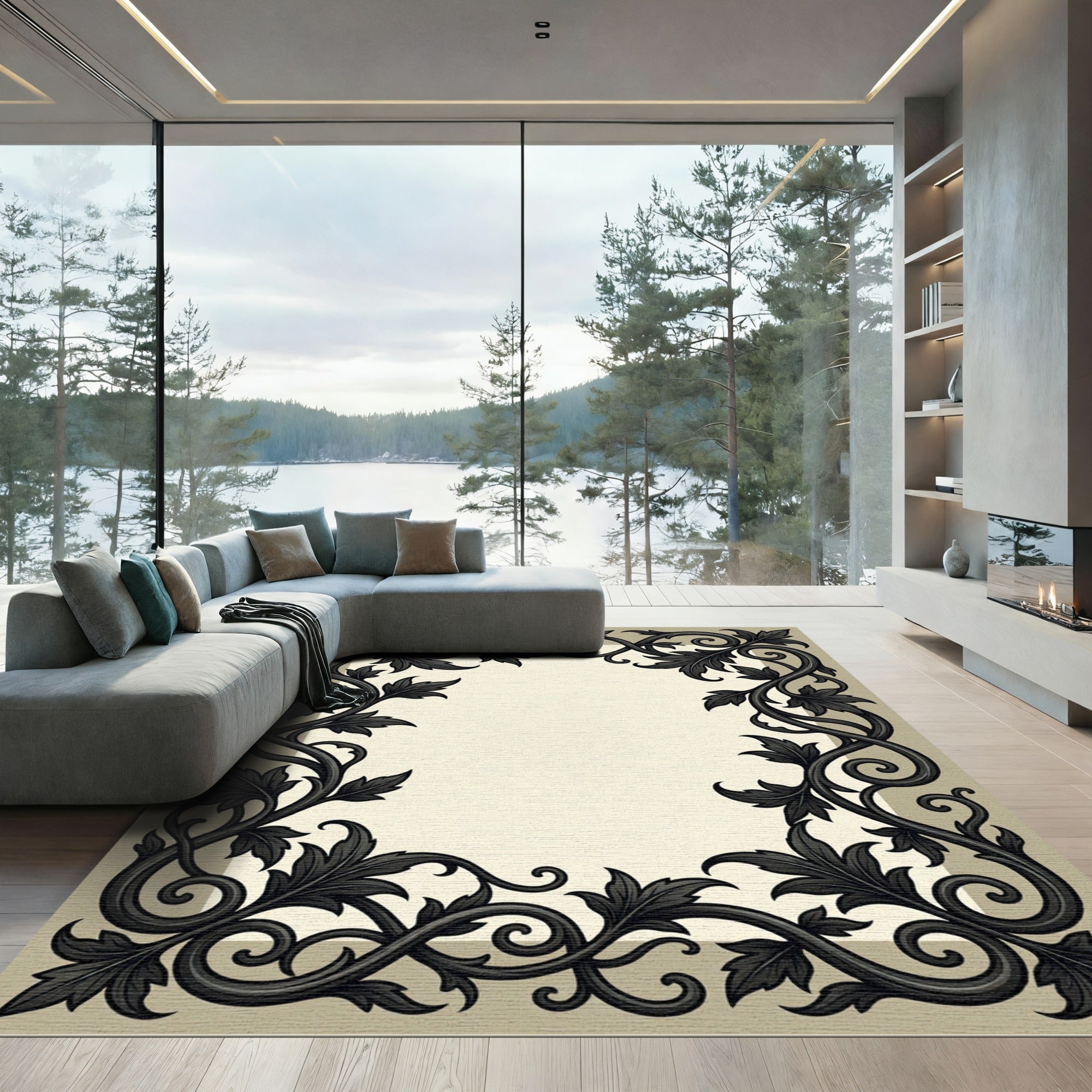Dark Scrollwork Leaf Border Rug