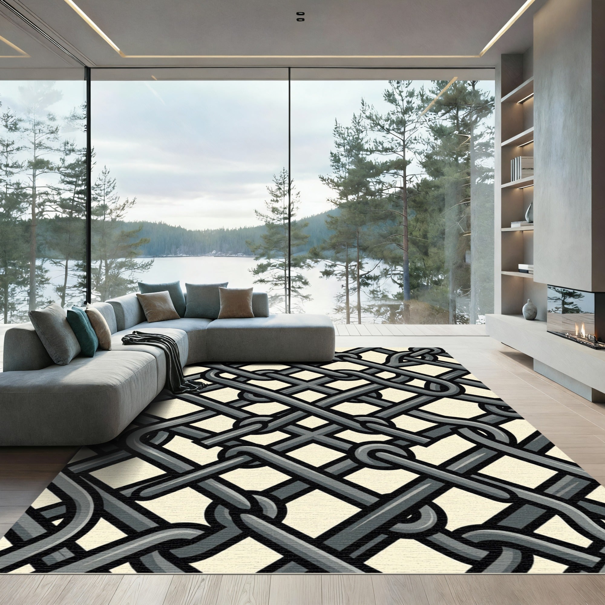 Gray Interlocking Chain Mesh Abstract Rug