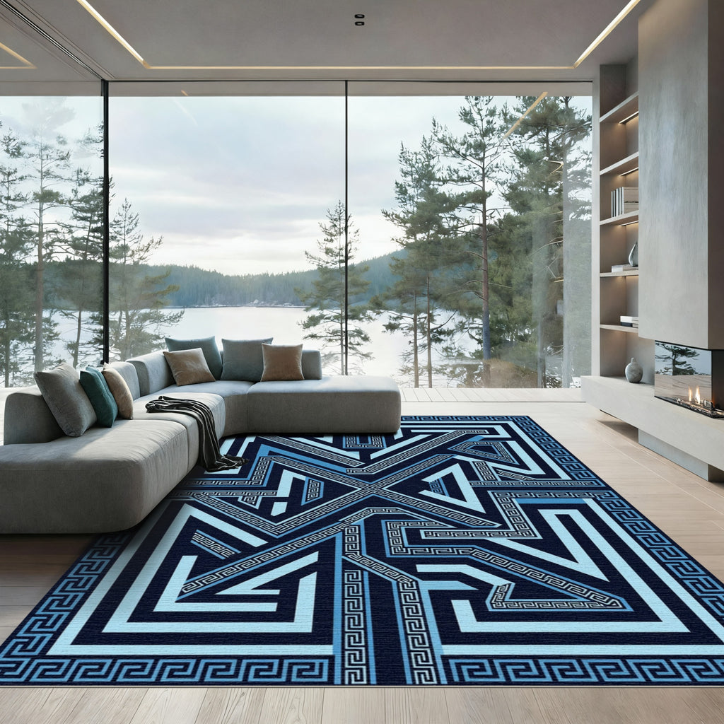 Navy Blue Greek Key Geometric Maze Rug