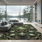 Ornate Sage Green Shell Scrollwork Rug