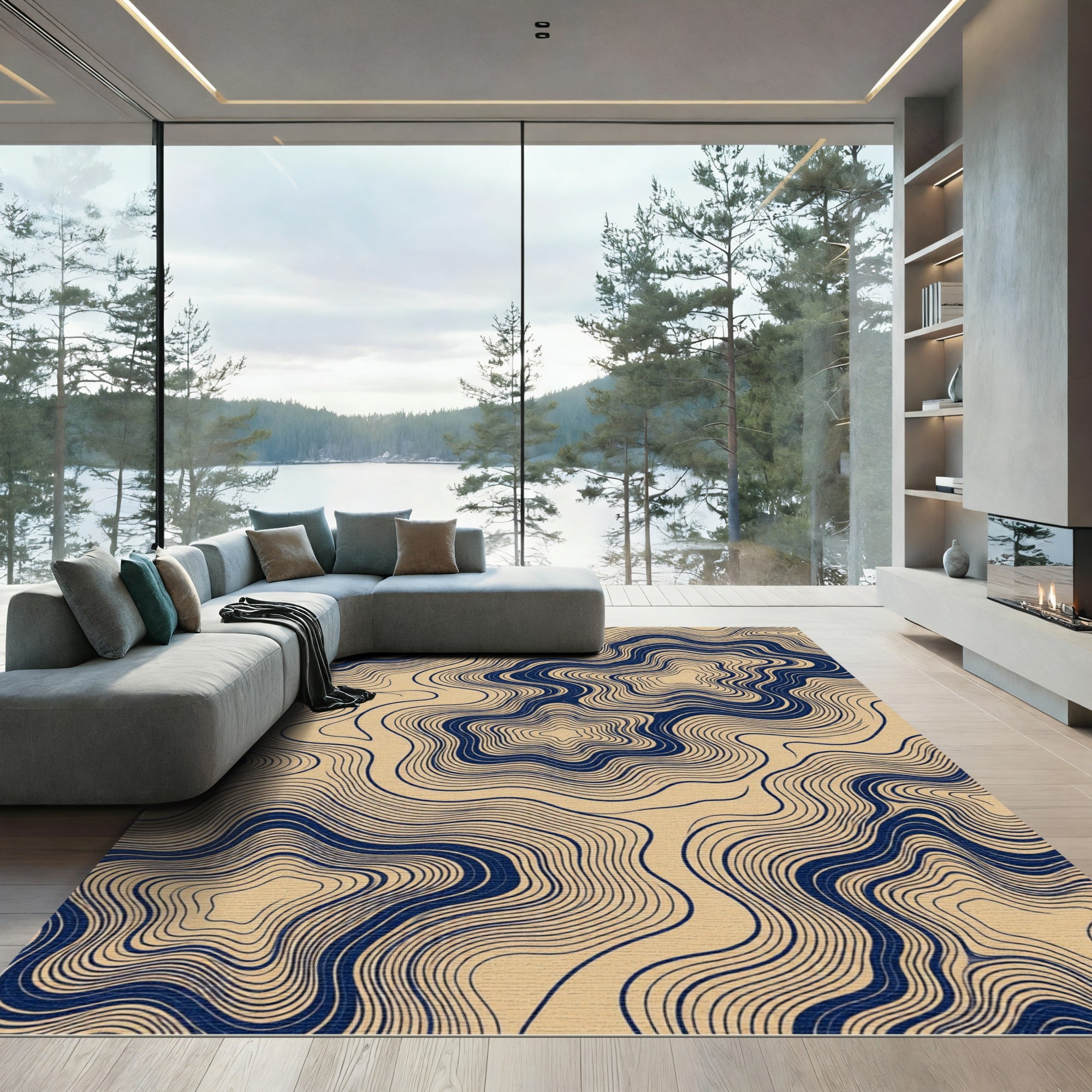 Navy Blue Topographic Swirl Abstract Rug