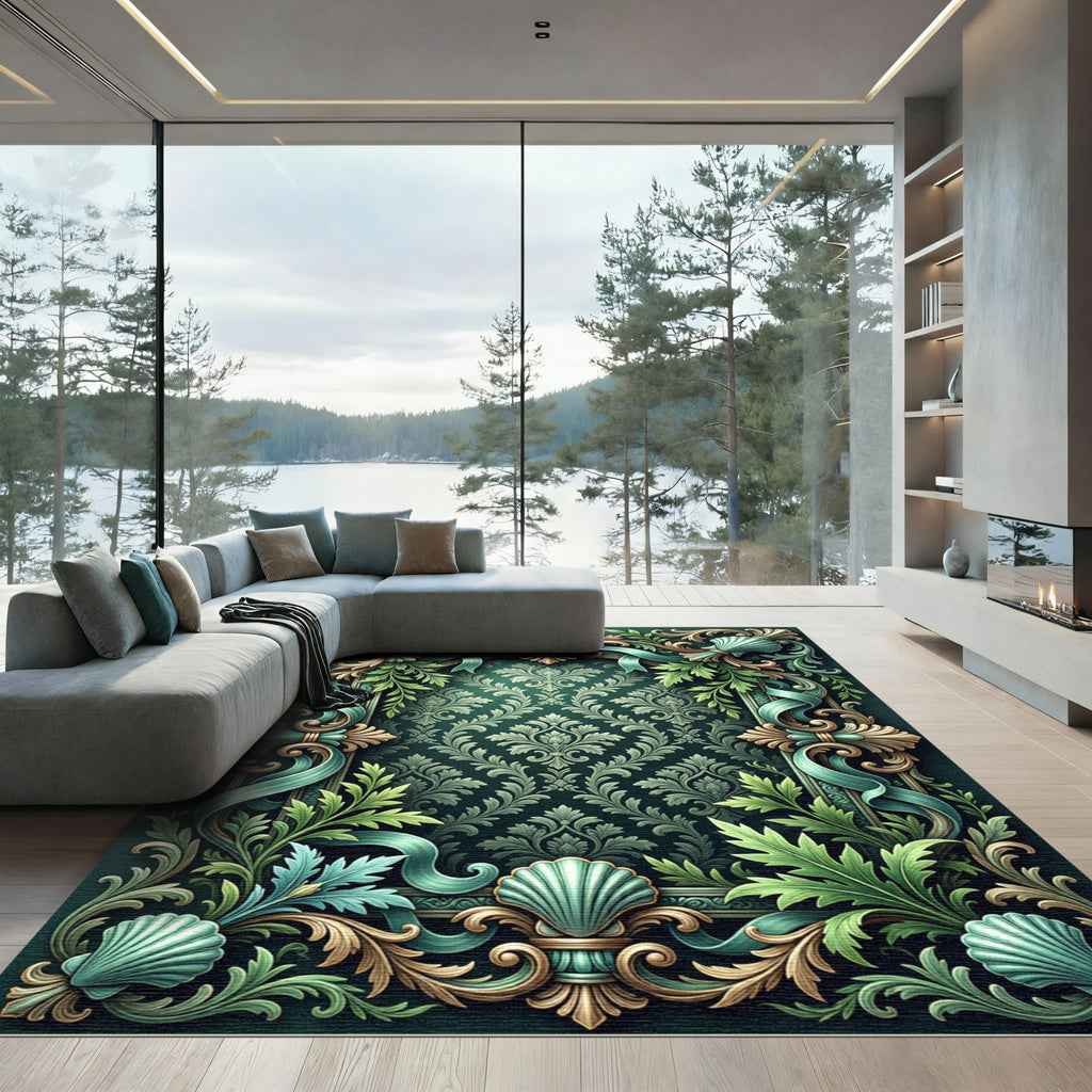 Emerald Teal Shell Scroll Foliage Rug