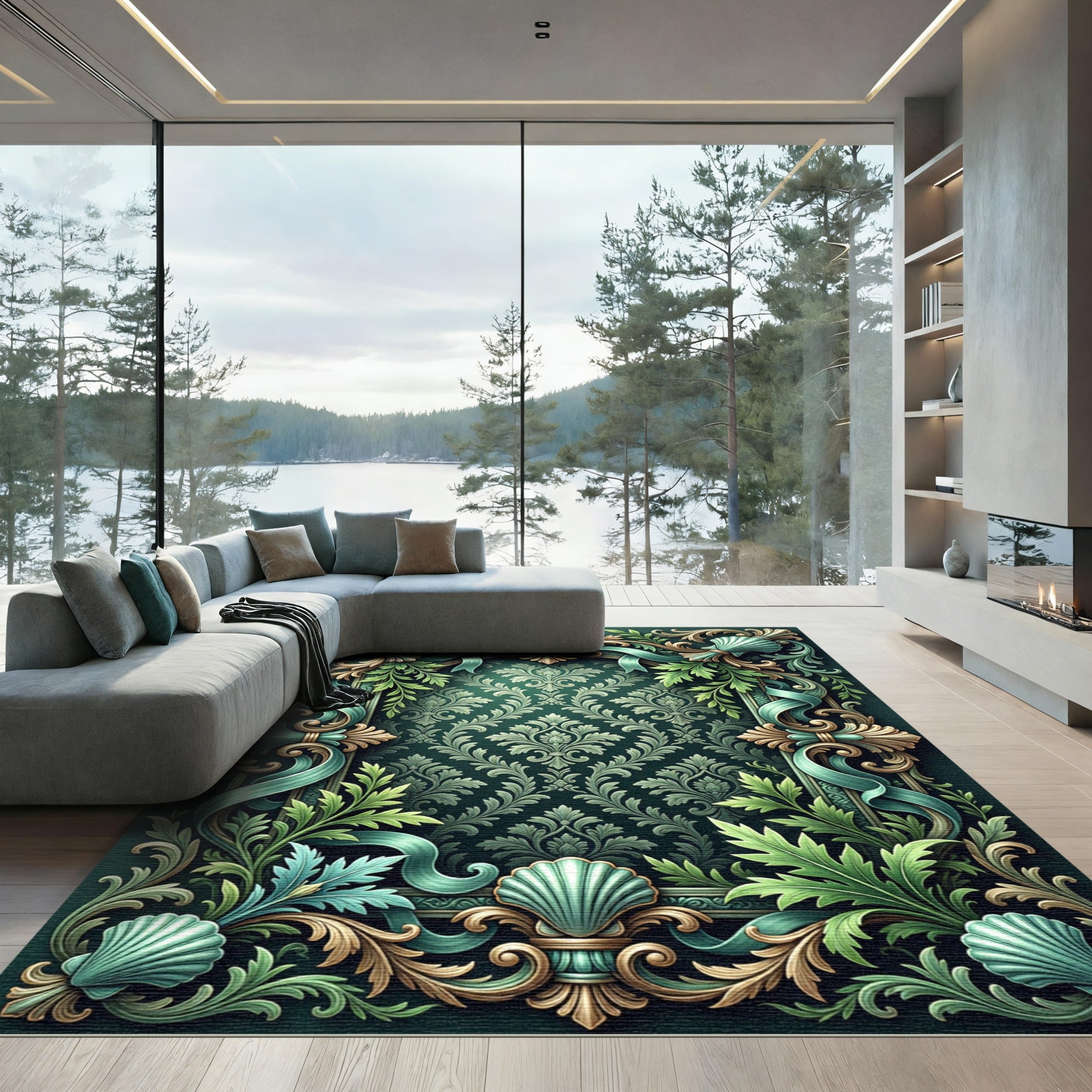 Emerald Teal Shell Scroll Foliage Rug