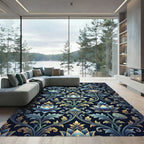 Deep Blue Golden Lotus Garden Rug