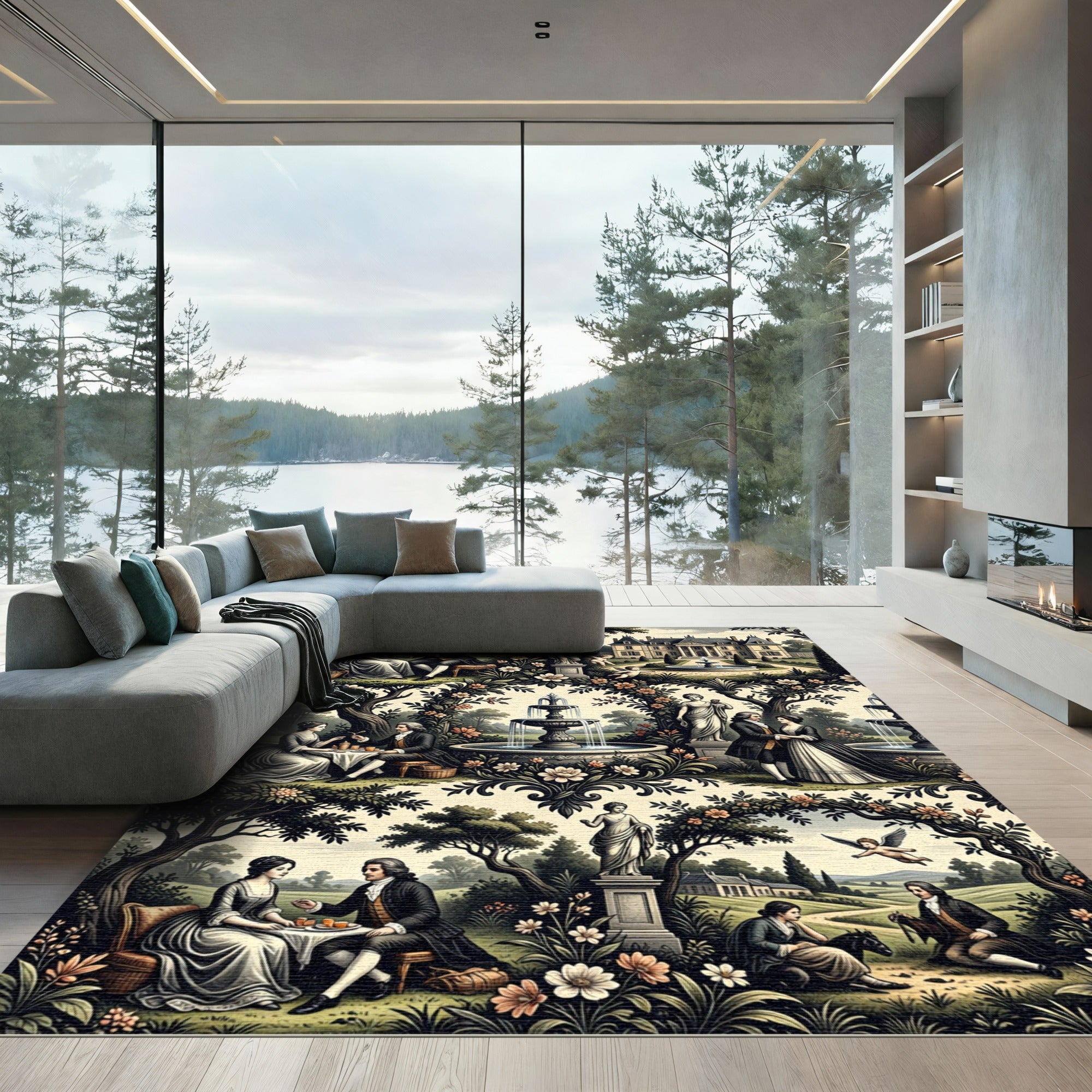 Courtly Garden Romance Allegory Scene Rug