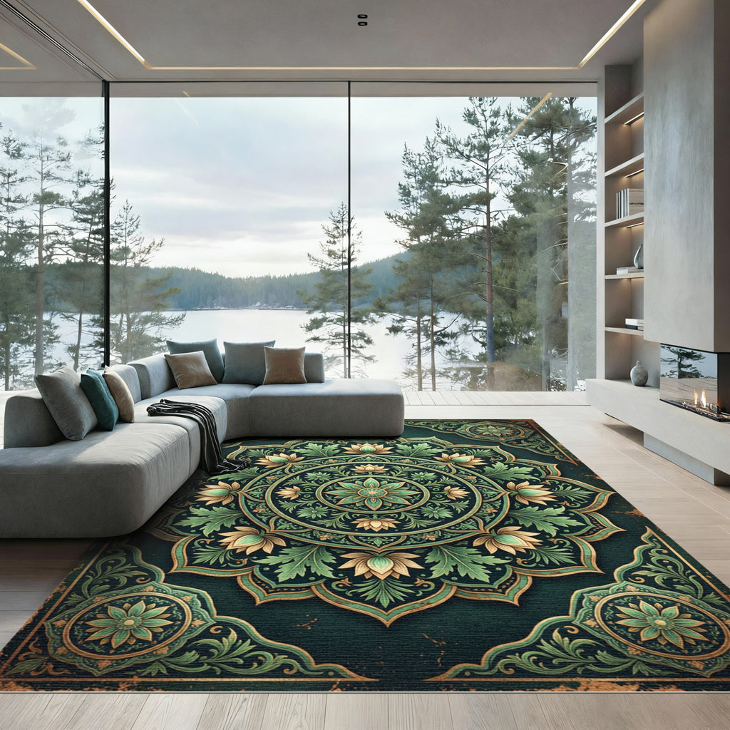 Ornate Emerald Lotus Medallion Rug