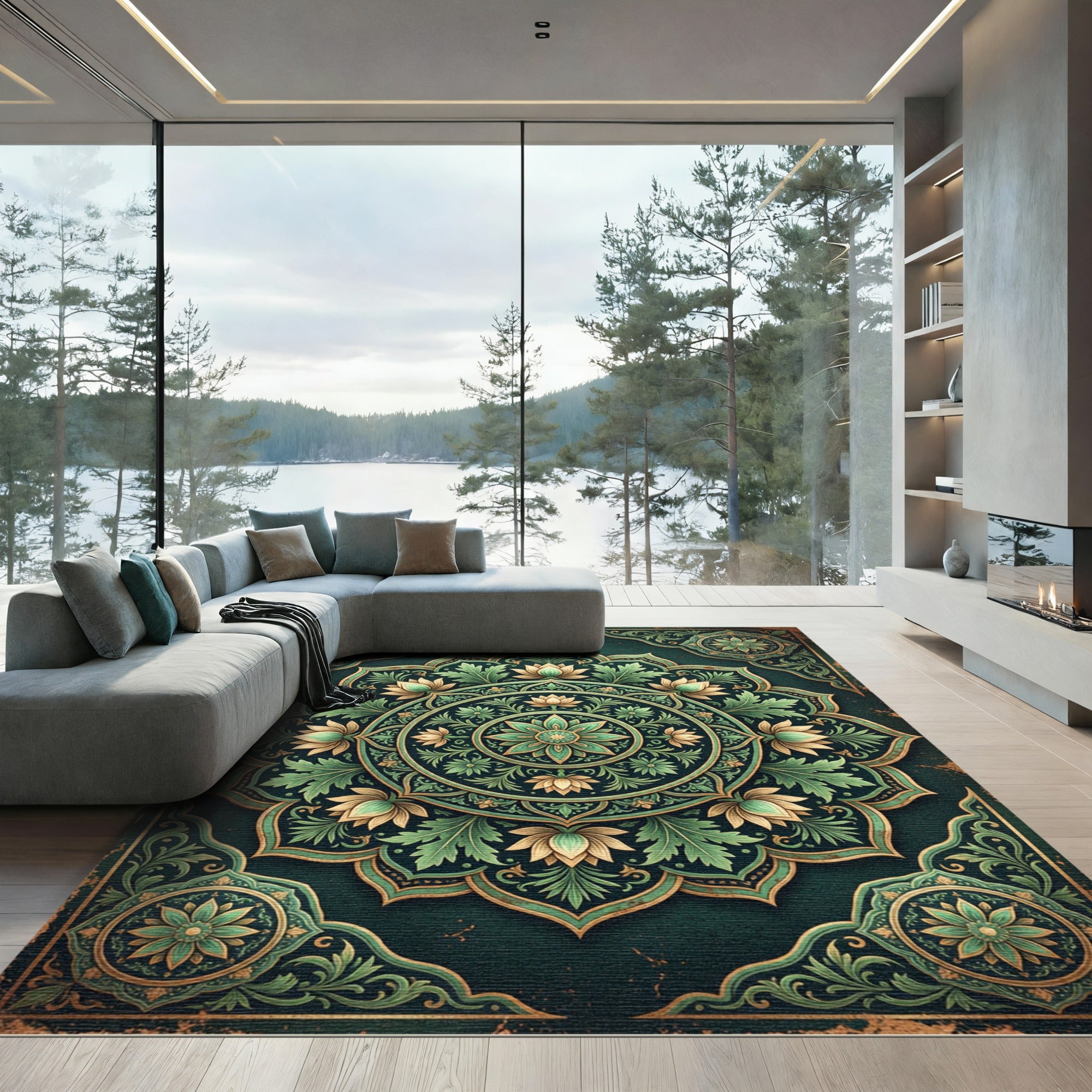 Ornate Emerald Lotus Medallion Rug