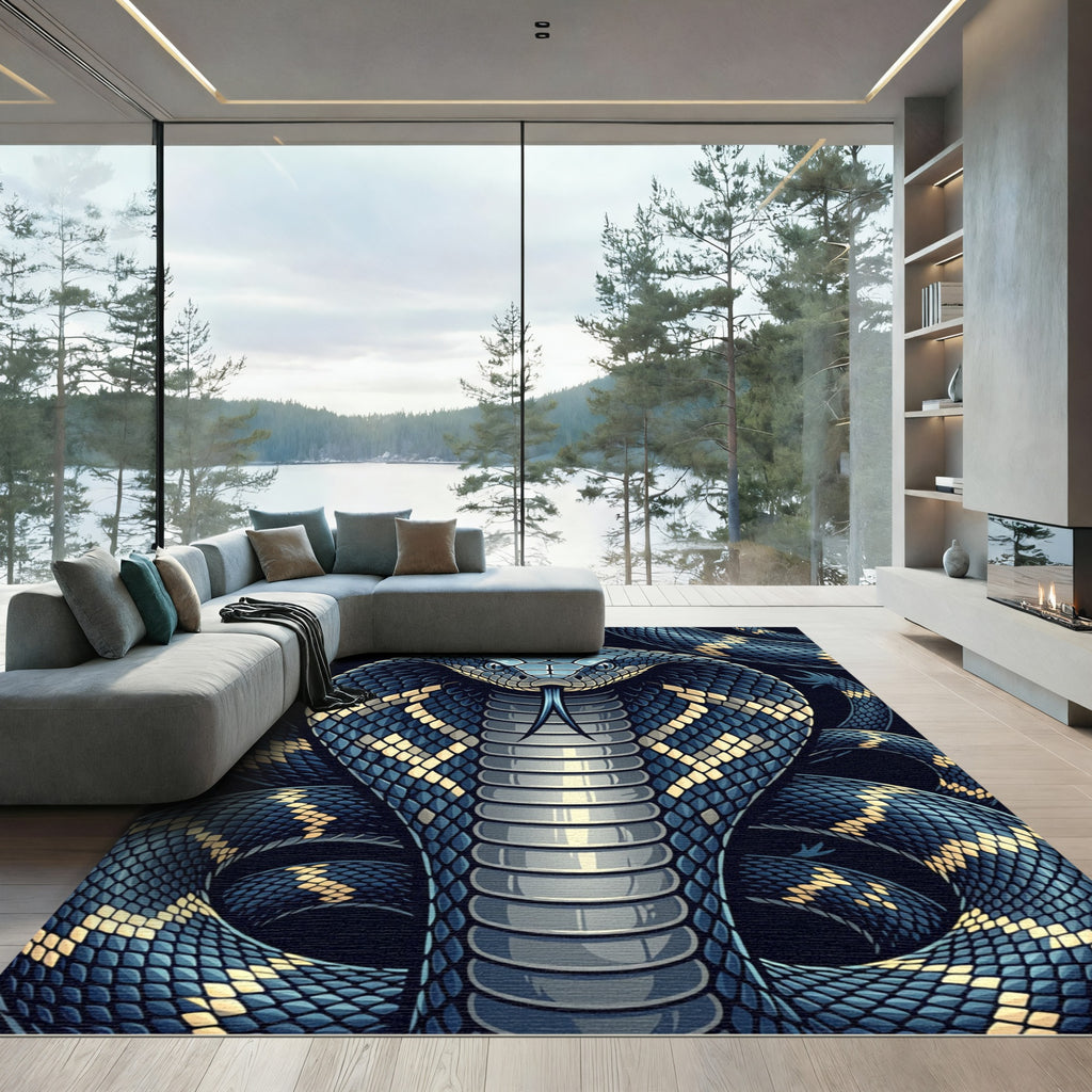 Intricate Blue Golden Cobra Serpent Rug