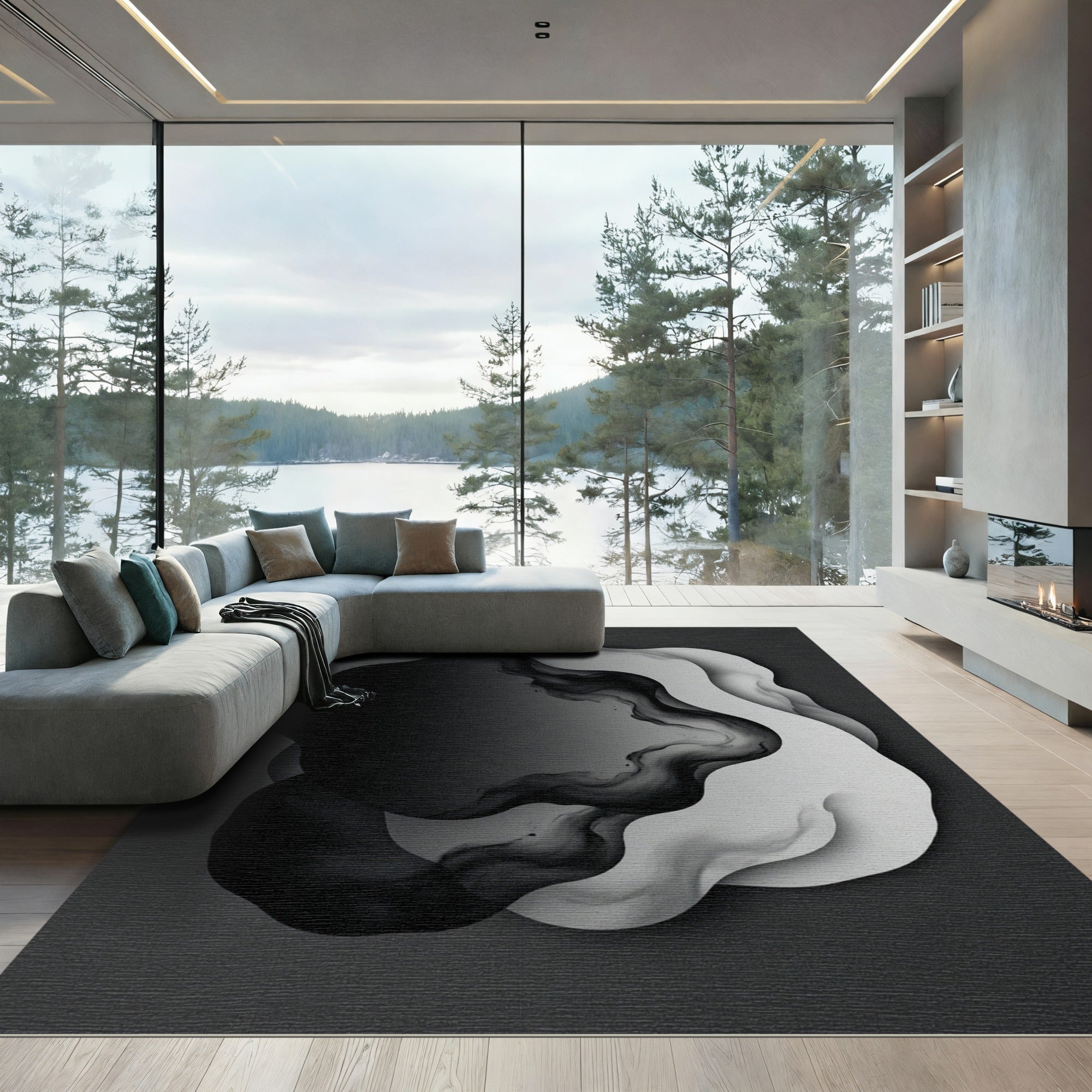 Monochrome Abstract Wavy Layers Rug
